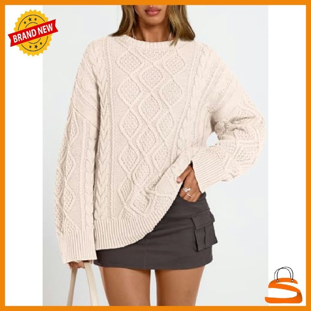 Oversized Cable Knit Crewneck Sweater, 40% Acrylic 60% Cotton, Cozy Winter - Picture 3 of 7